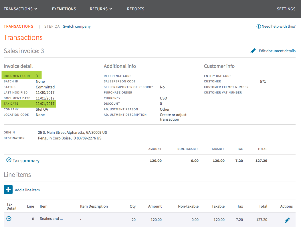 Transaction detail showing the invoice dates and amounts used in the worked example