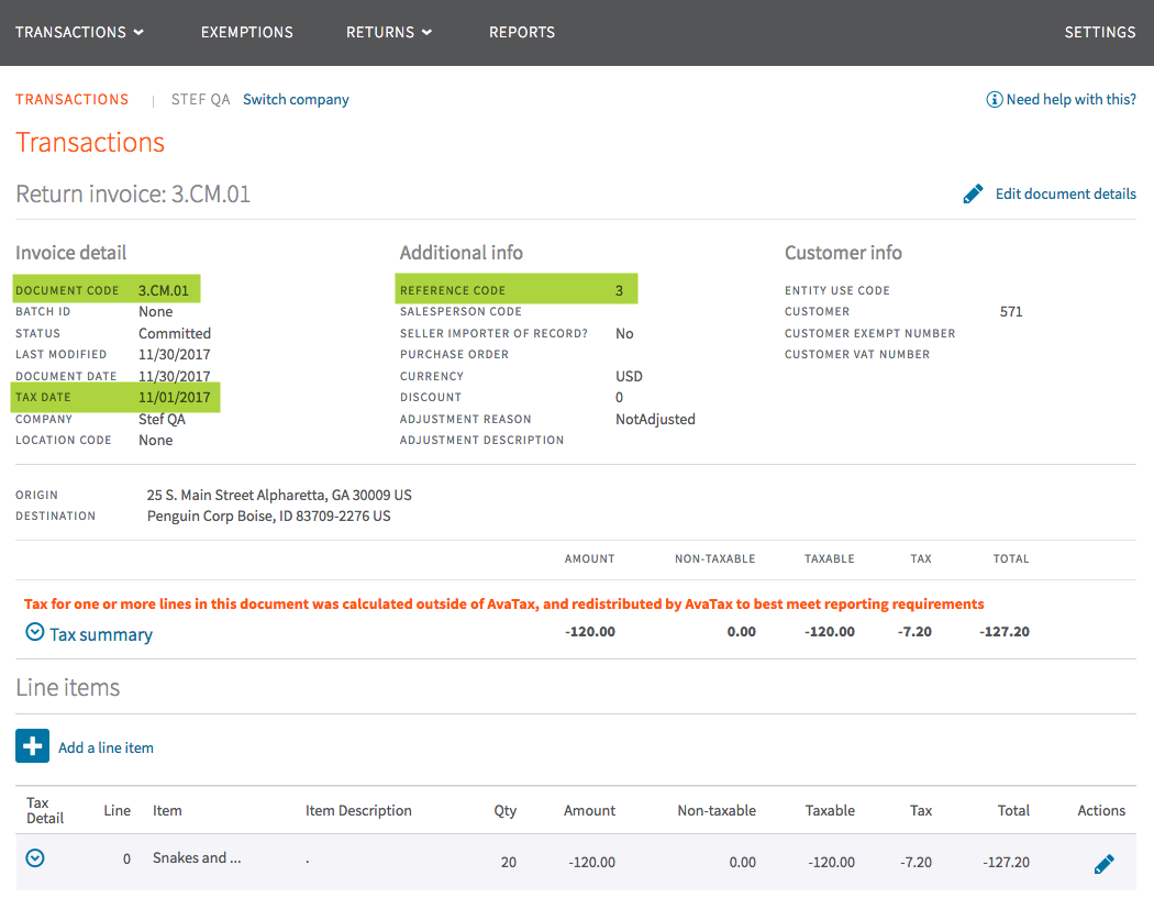 Credit memo record linked back to the invoice it credits, with its creation date
