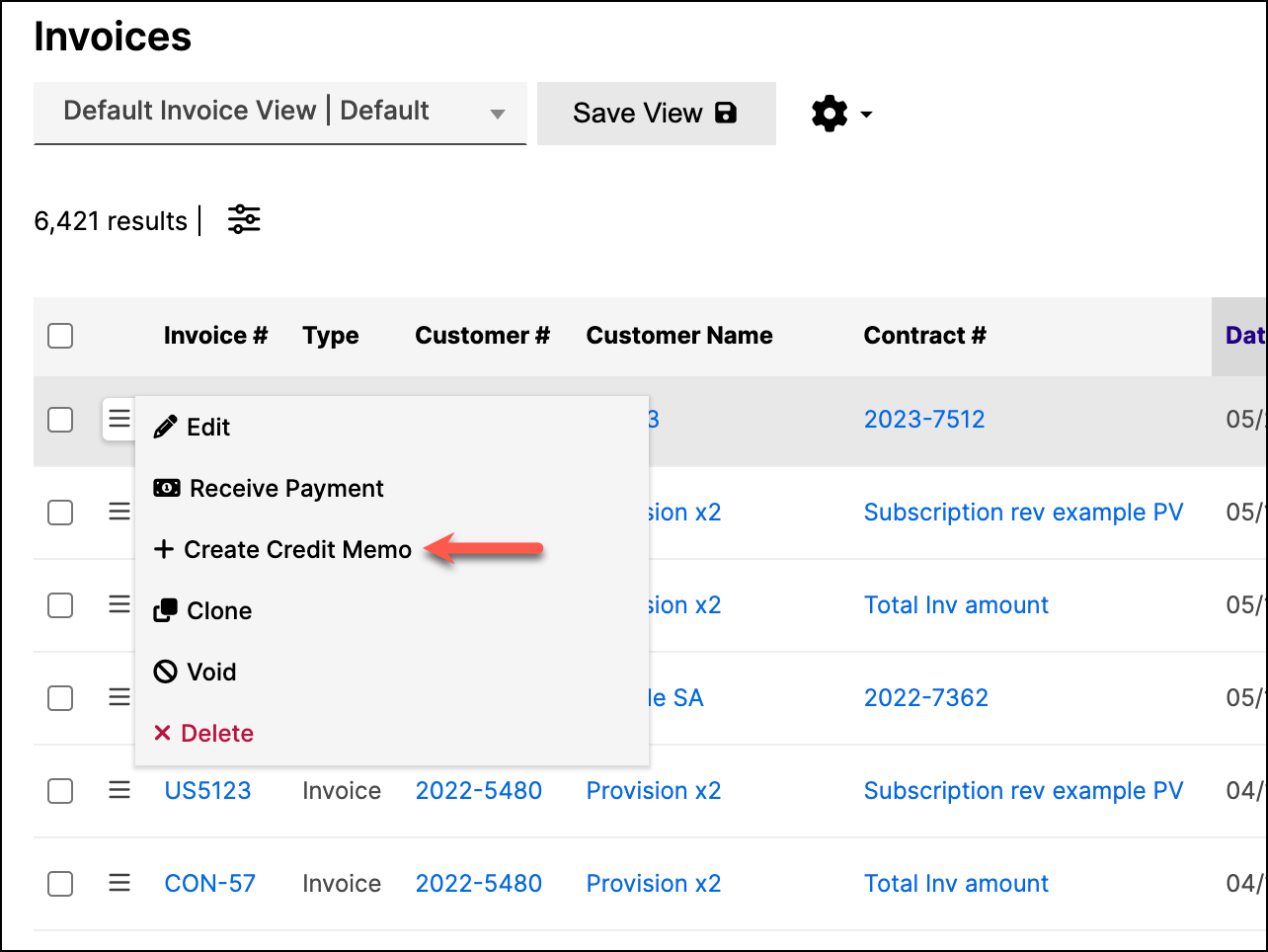 Invoices list with a row action menu open on Create Credit Memo