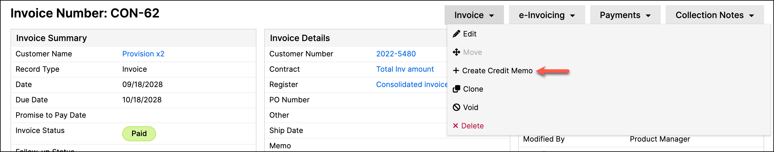 Create Credit Memo form with credit-of, amount and reason fields