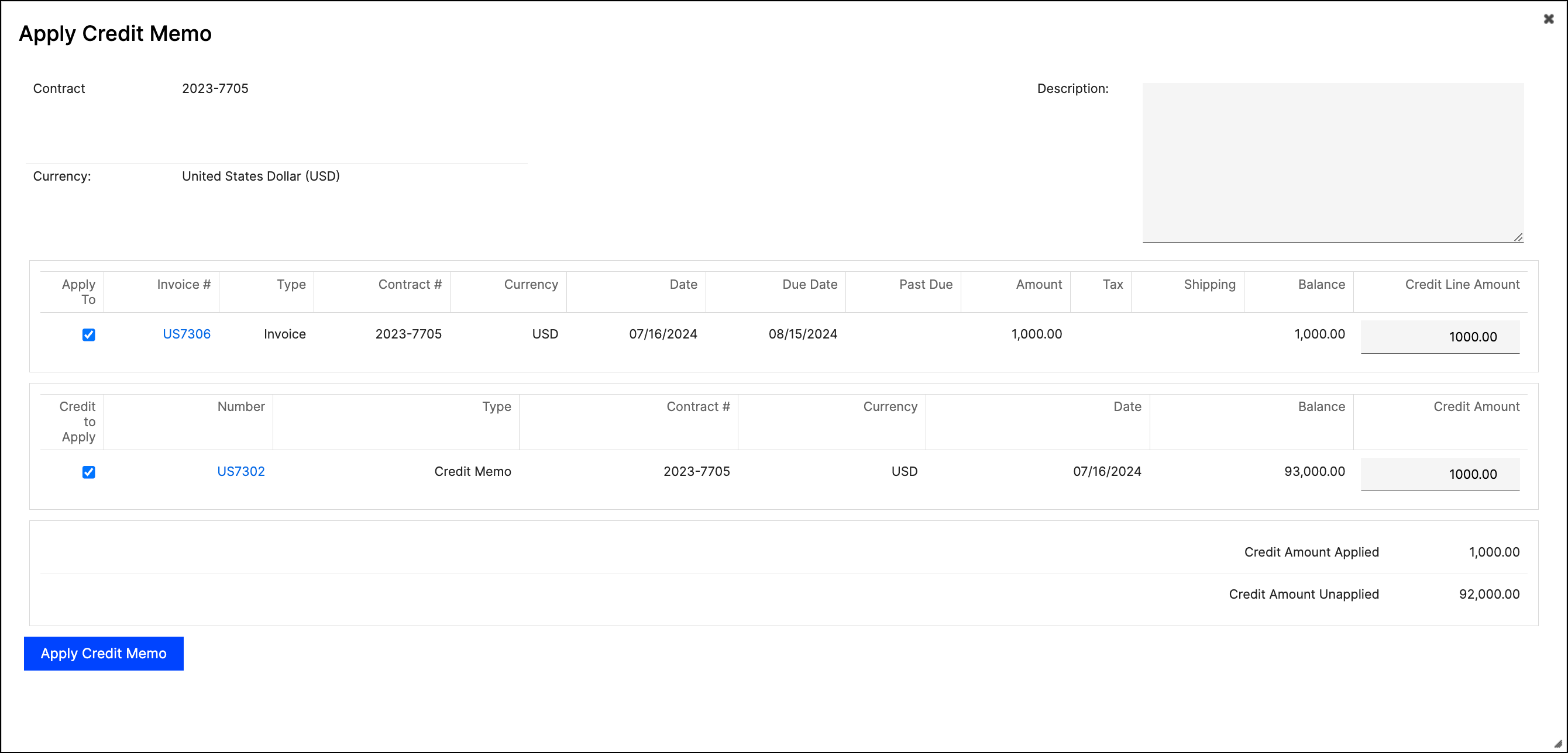 Apply Credit Memo screen with an Apply To selector and the invoices available to receive the credit