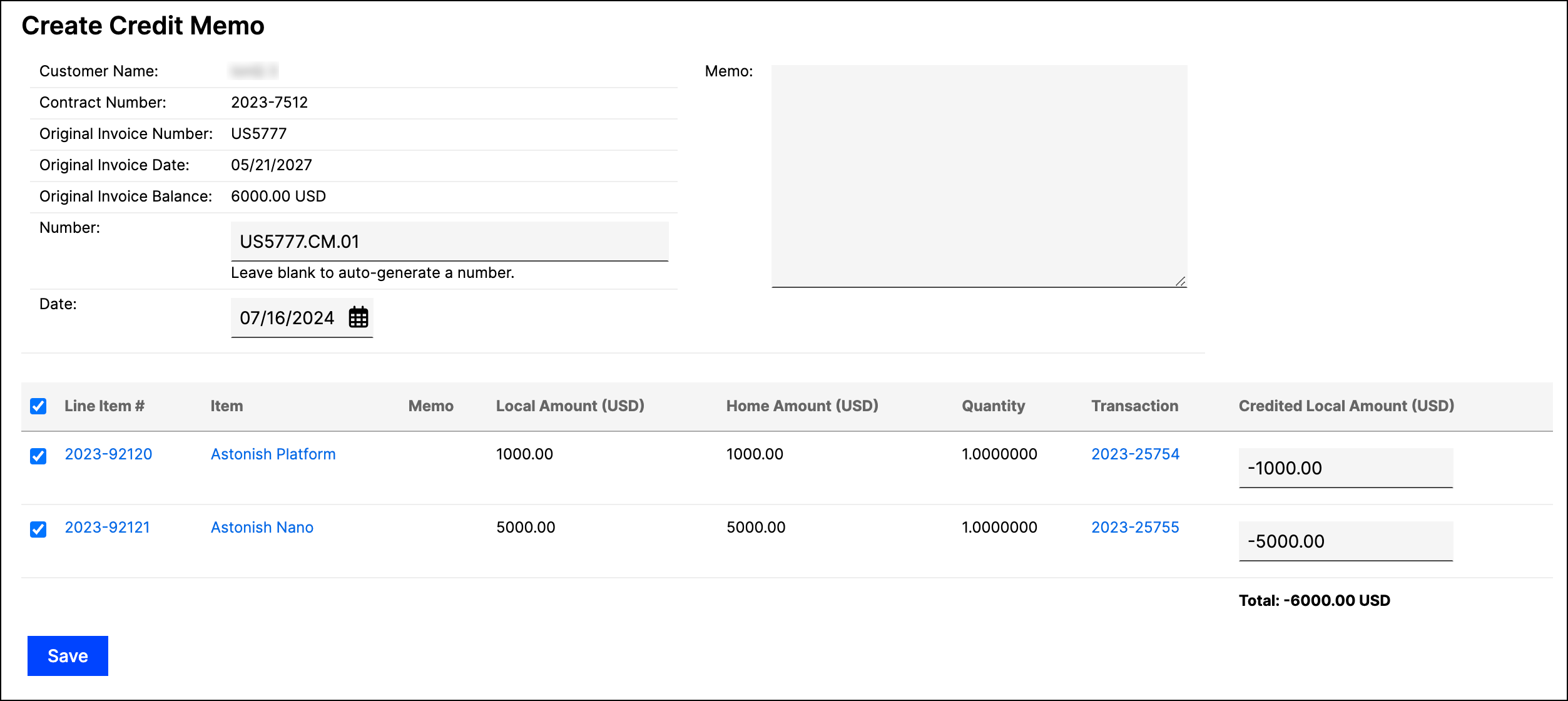 Credit memo confirmation showing the resulting record and its identifiers