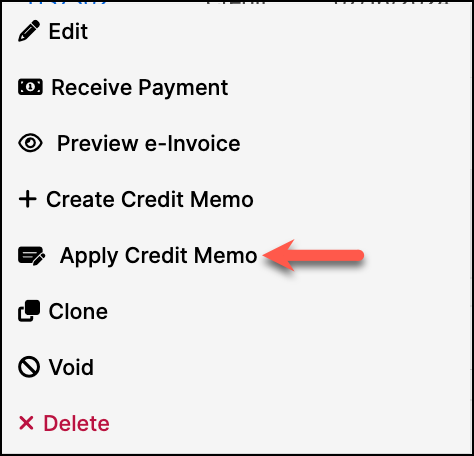 Actions menu with Apply Credit Memo highlighted