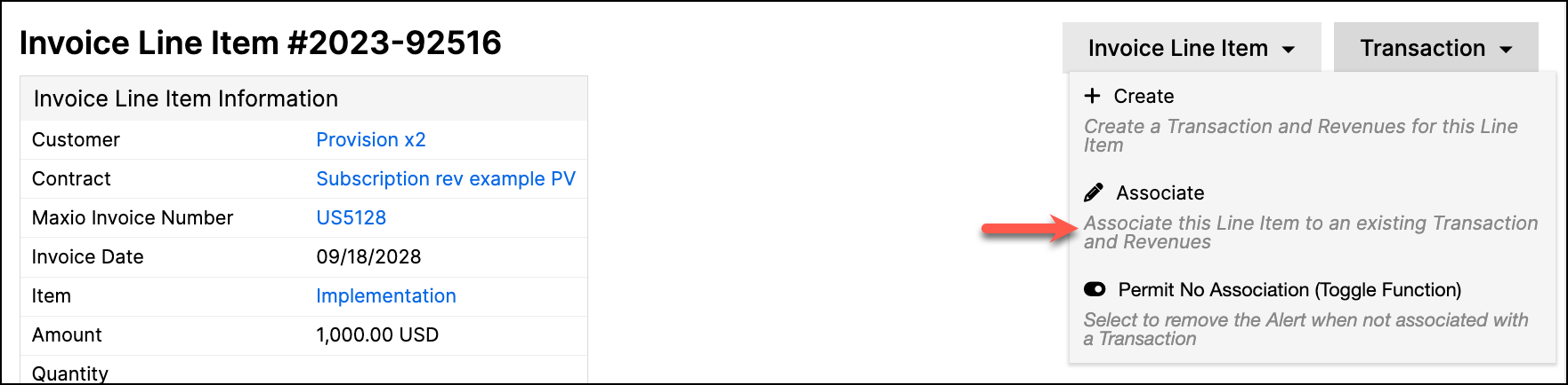 Invoice line item menu with the associate action