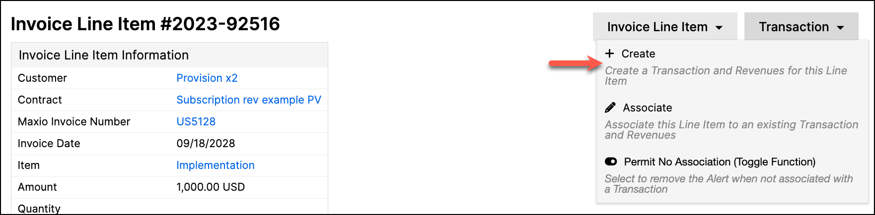 Invoice line item menu with the create action