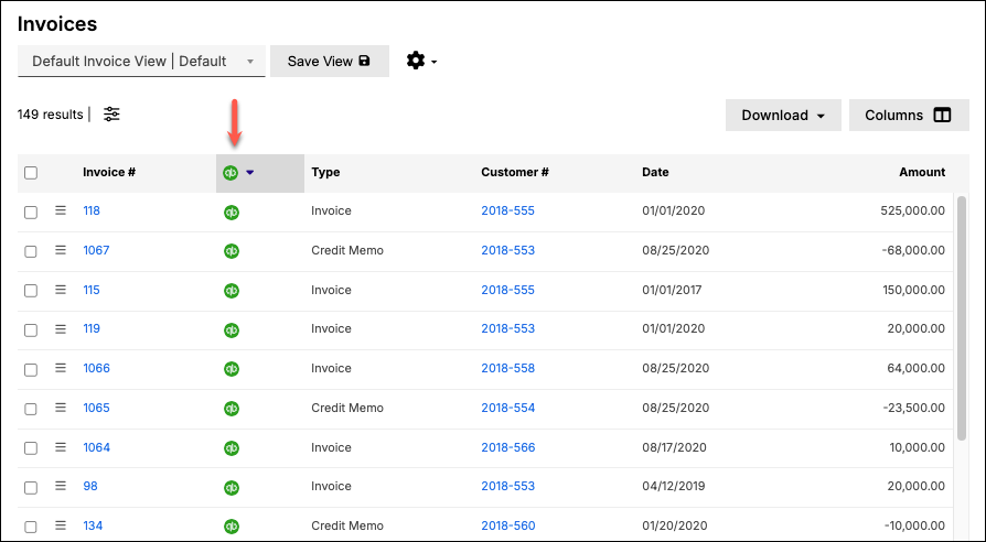 Invoice list with the general ledger ID column visible