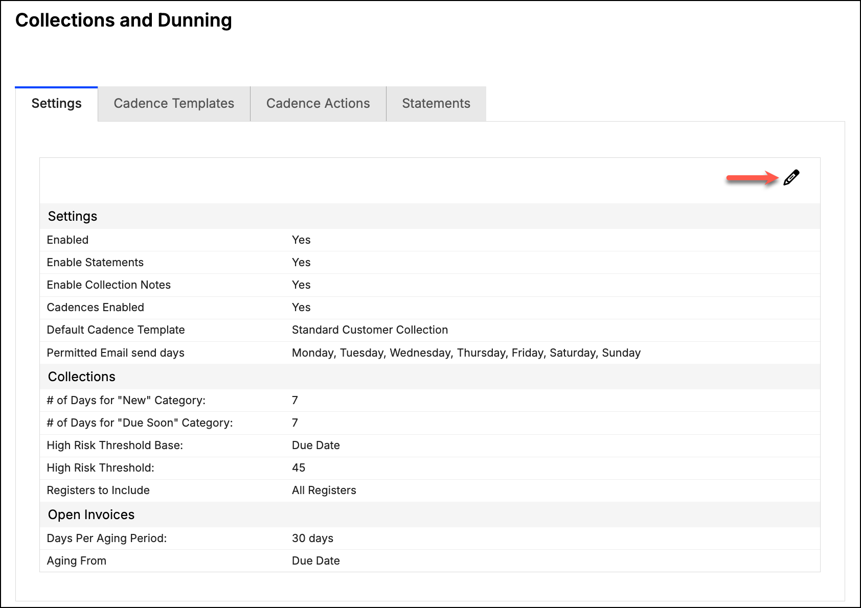 Collections and Dunning settings covering statements, cadences, aging periods and thresholds