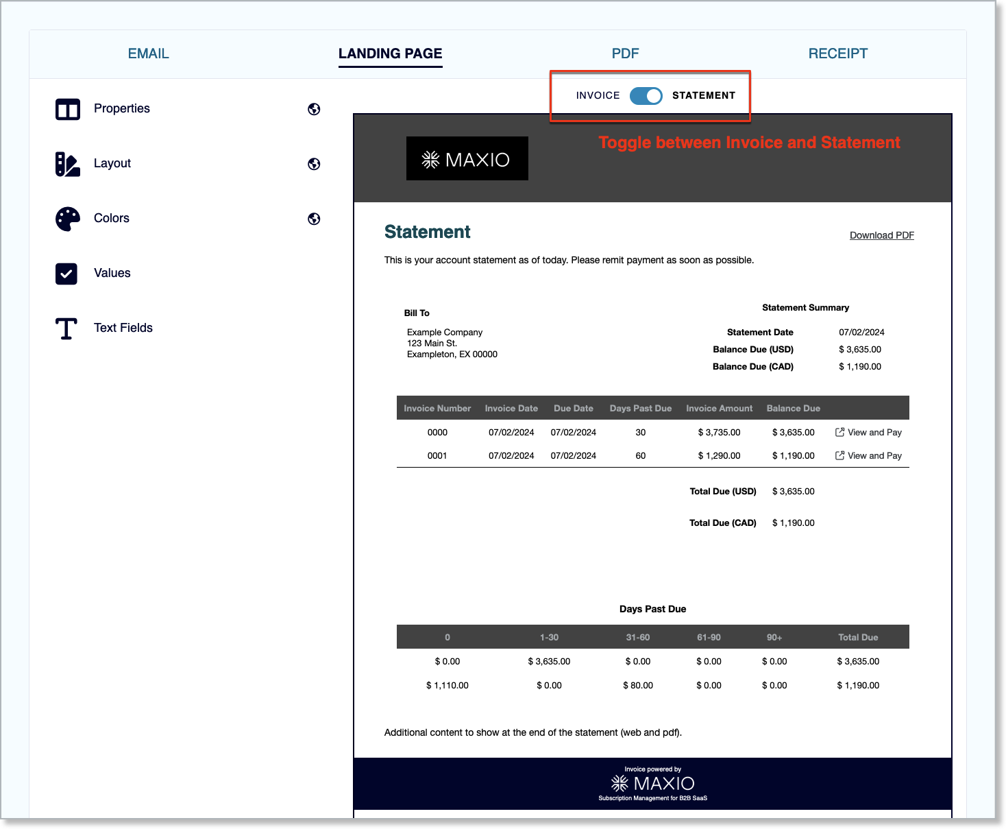 Statement customisation settings
