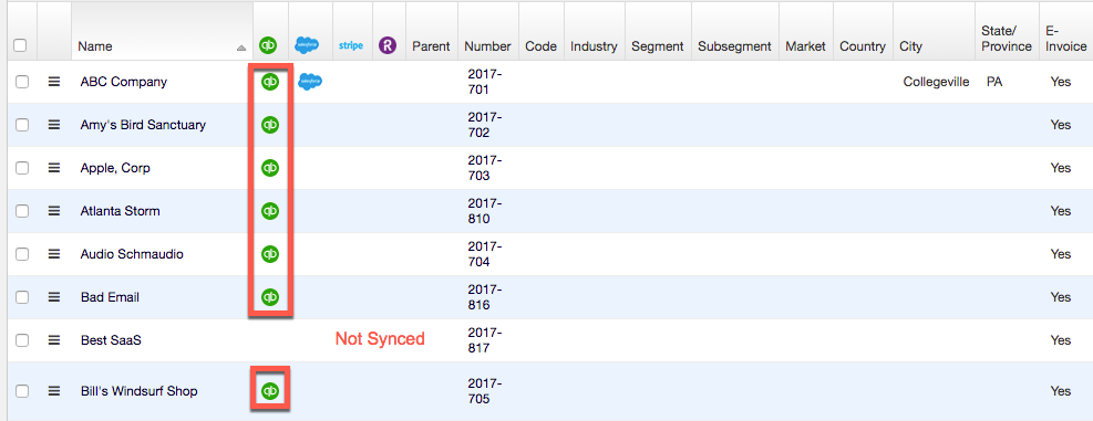 Customer list with green sync ticks down one column and one row marked Not Synced
