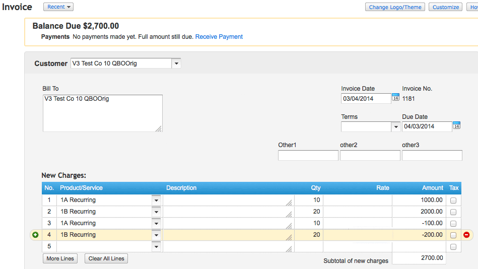 QuickBooks Online invoice with a discount applied to the whole invoice