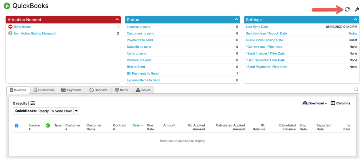 Maxio QuickBooks Online page with a control in the top-right group highlighted