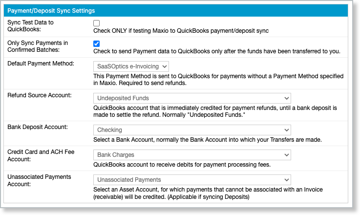 Payment and deposit sync settings with bank deposit, card and ACH fee, and unassociated payment account selectors