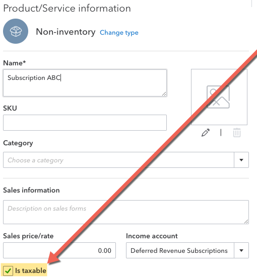 QuickBooks Online product form with the taxable checkbox ticked and highlighted