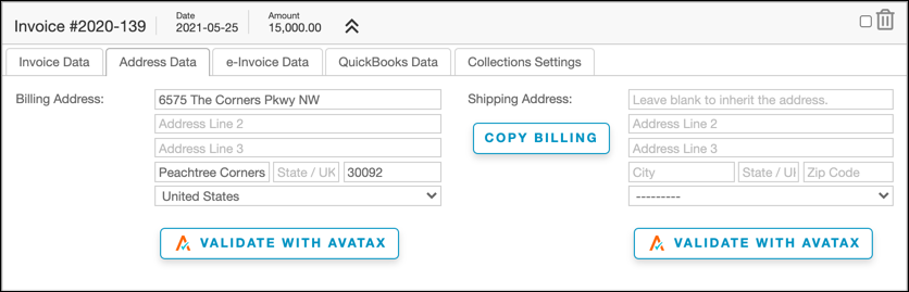 Invoice Address Data tab in Maxio showing a Billing Address and a Shipping Address, each with its own Validate with AvaTax button.