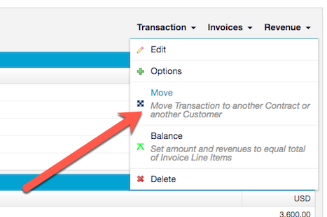 Transaction drop-down menu with the Move option called out