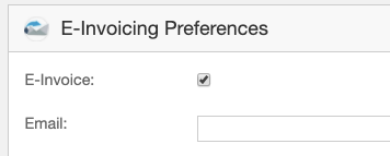 E-Invoicing Preferences panel in Maxio showing E-Invoice turned on and the Email field left blank, with no validation error displayed.