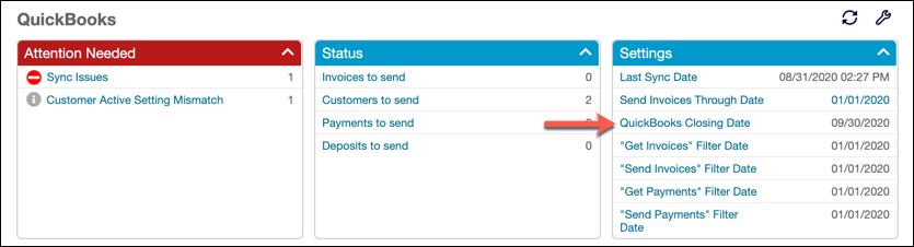 The Maxio QuickBooks page's Settings panel with a red arrow pointing to the QuickBooks Closing Date field, which shows a date value.
