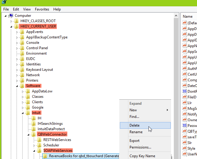 Windows Registry Editor with a RevenueBooks entry selected under SOAPWebServices and Delete highlighted in the context menu
