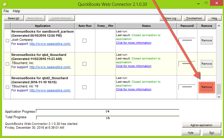 Web Connector application list with the Remove button highlighted next to a RevenueBooks entry