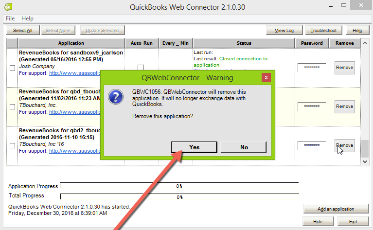 Web Connector confirmation dialog asking whether to remove the RevenueBooks application, with Yes highlighted