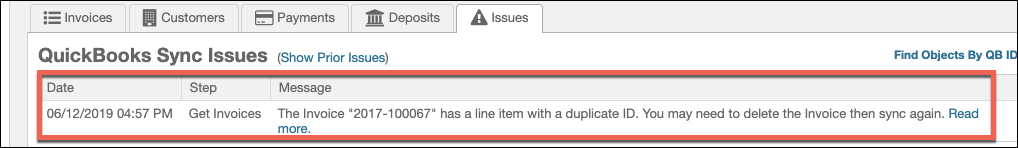 QuickBooks Sync Issues tab showing an example "has a line item with a duplicate ID" error for an Invoice