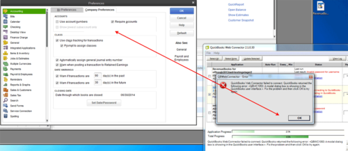 QuickBooks Desktop Preferences window open in the foreground while a QBWebConnector - Error dialog behind it reads "A modal dialog box is showing in the QuickBooks user interface."