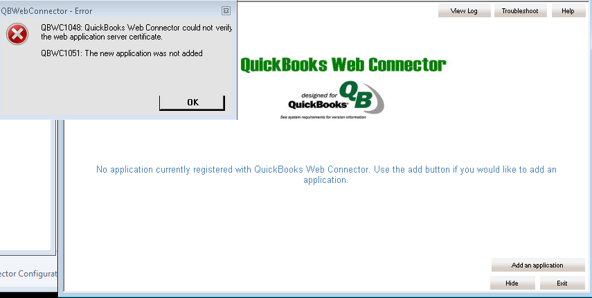 QBWebConnector error dialog showing QBWC1048 and QBWC1051 errors, with the Web Connector window behind it stating no application is currently registered.