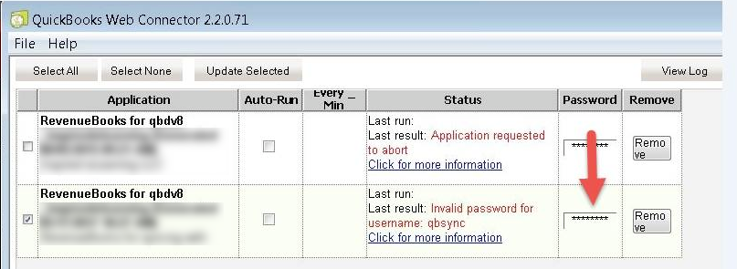 QuickBooks Web Connector window with a red arrow pointing to the Password field for a RevenueBooks entry, showing statuses of Application requested to abort and Invalid password for username: qbsync.
