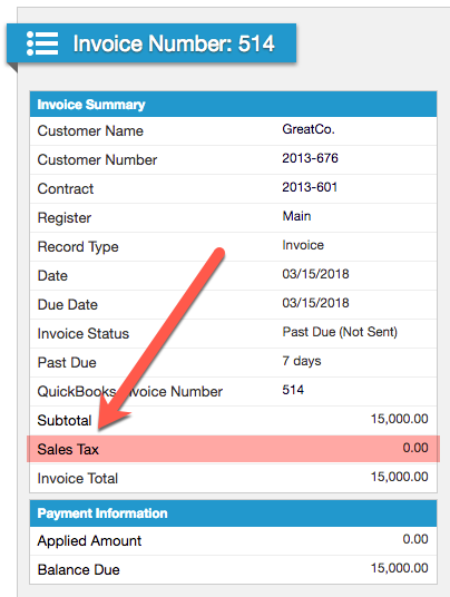 Invoice summary with sales tax at zero highlighted against an invoice total of 15,000.00