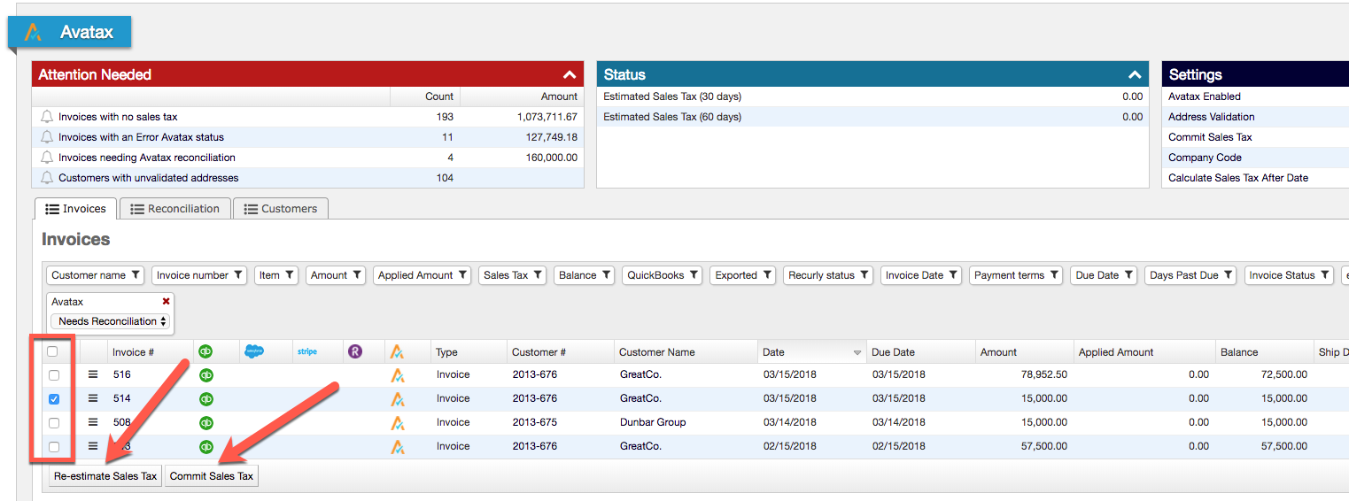 Invoices needing AvaTax reconciliation, with recalculate and commit controls
