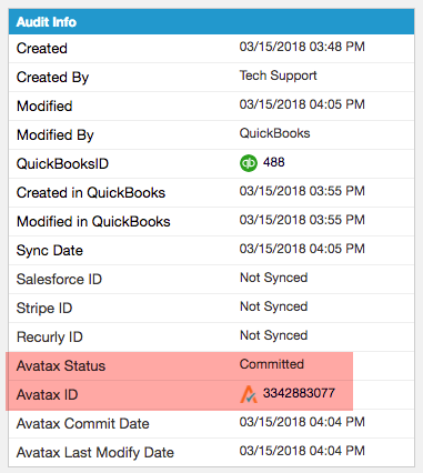 Audit information panel with the AvaTax status committed and its AvaTax ID highlighted