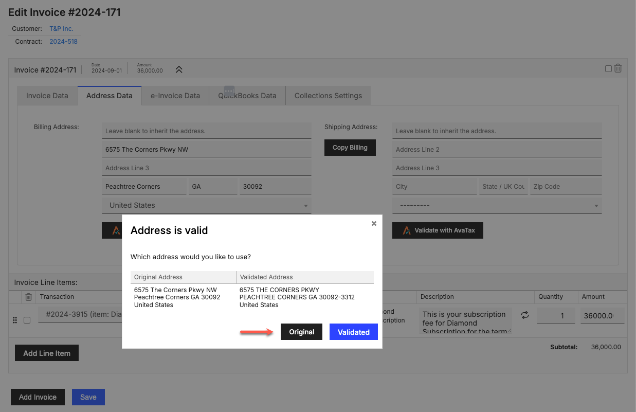 Address validation dialog comparing the original address against the AvaTax-validated one