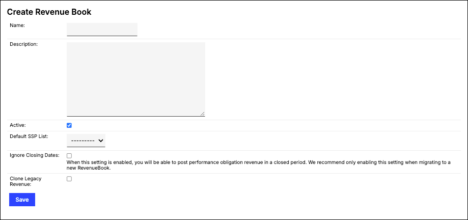 Create Revenue Book form with name, description and active fields