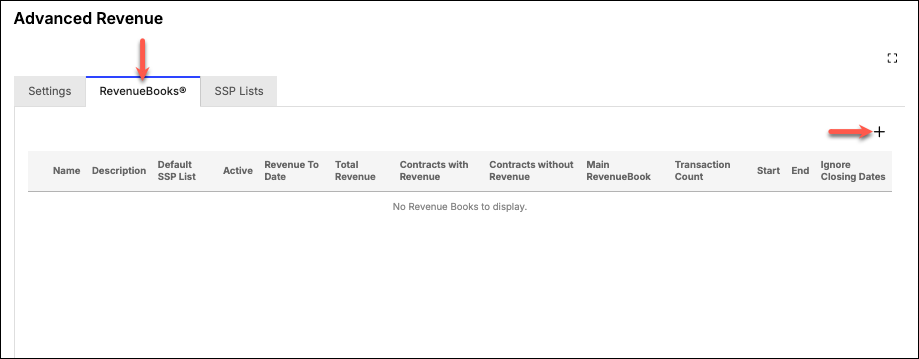 RevenueBooks tab with an add control