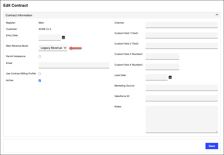 Edit Contract form with a main revenue book selector