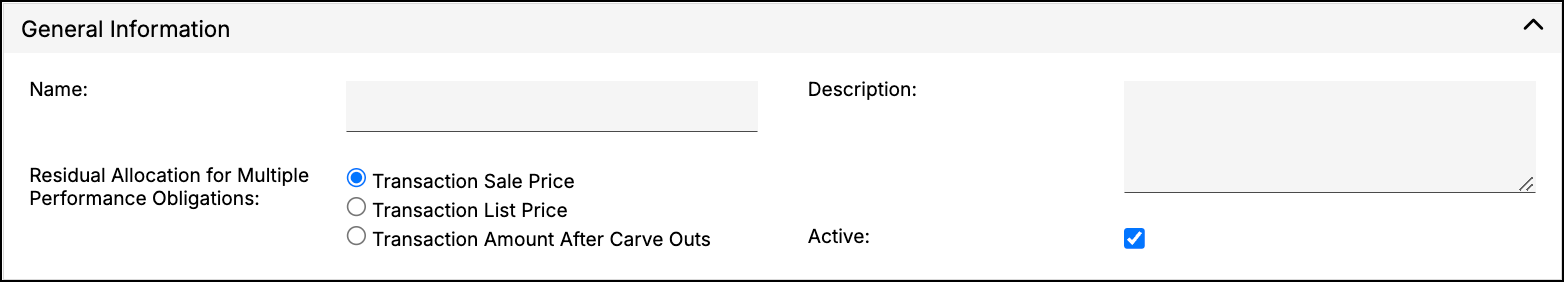 General information section with name, description, active and residual allocation fields