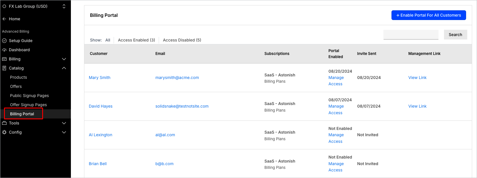 Billing Portal management customer list with each customer's access state and management links