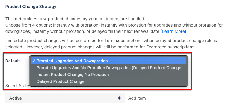 Product change strategy setting with its options expanded, showing how plan changes take effect