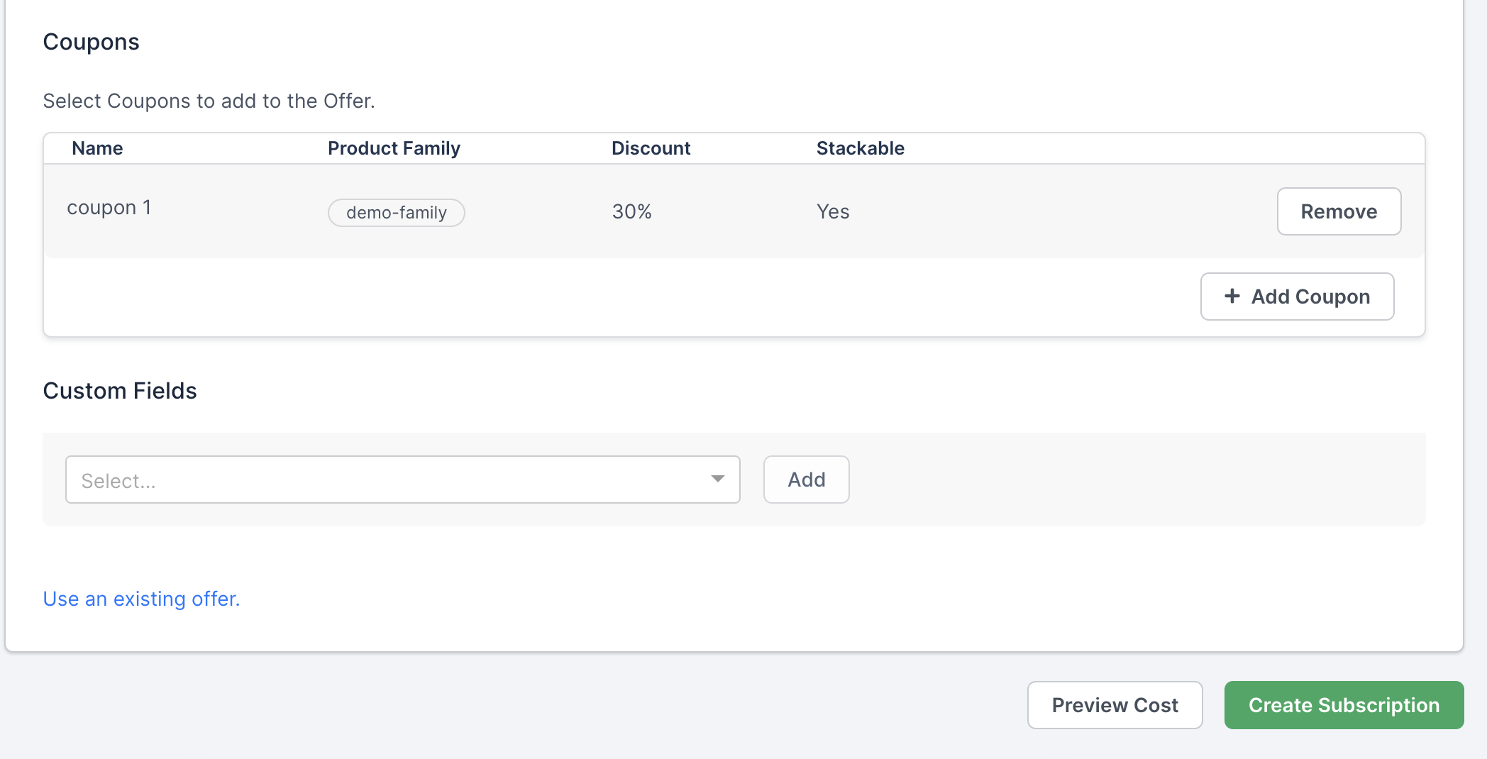 Subscription creation screen with a coupon picker, an add control, custom fields and a preview cost action