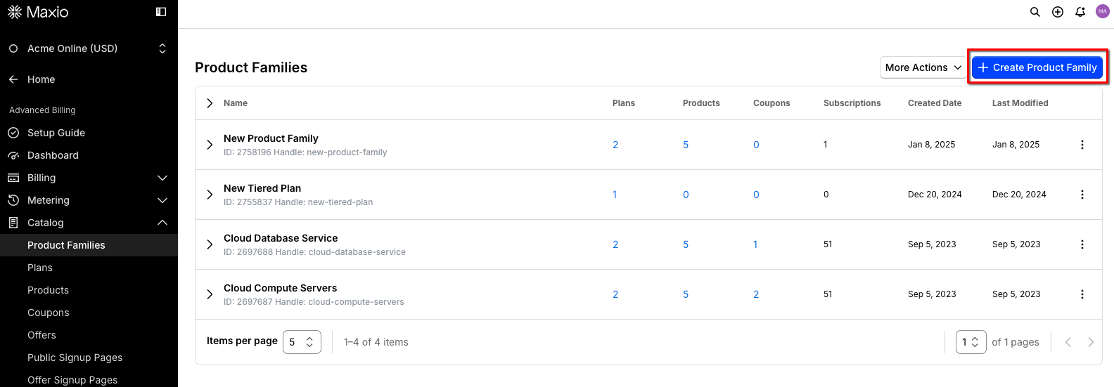 Catalog listing several product families, expanded to show the products inside each