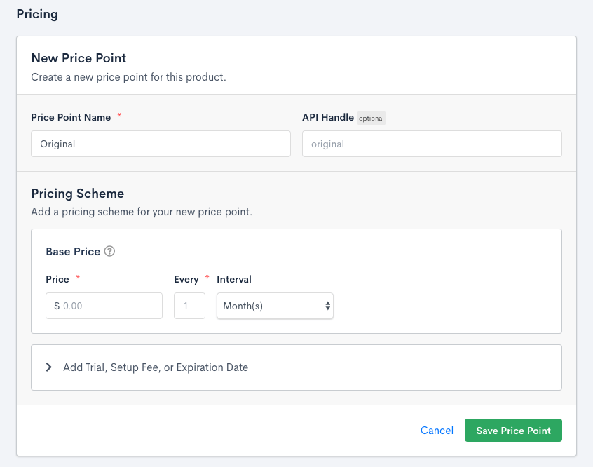 New price point form with name and API handle, a pricing scheme with base price, frequency and interval, and a control to add a trial period