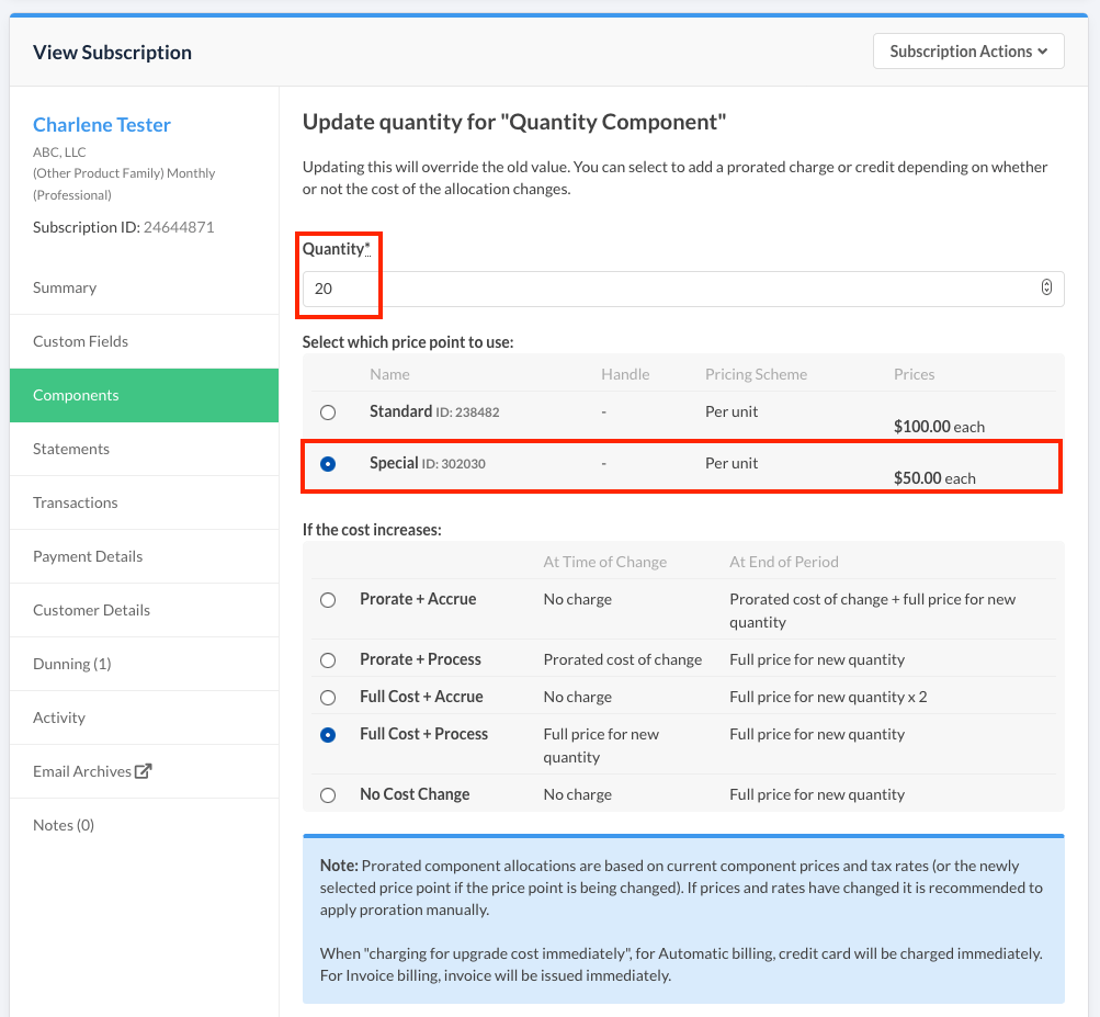 Update quantity dialog offering a choice between two price points, with cost-increase options for proration and billing