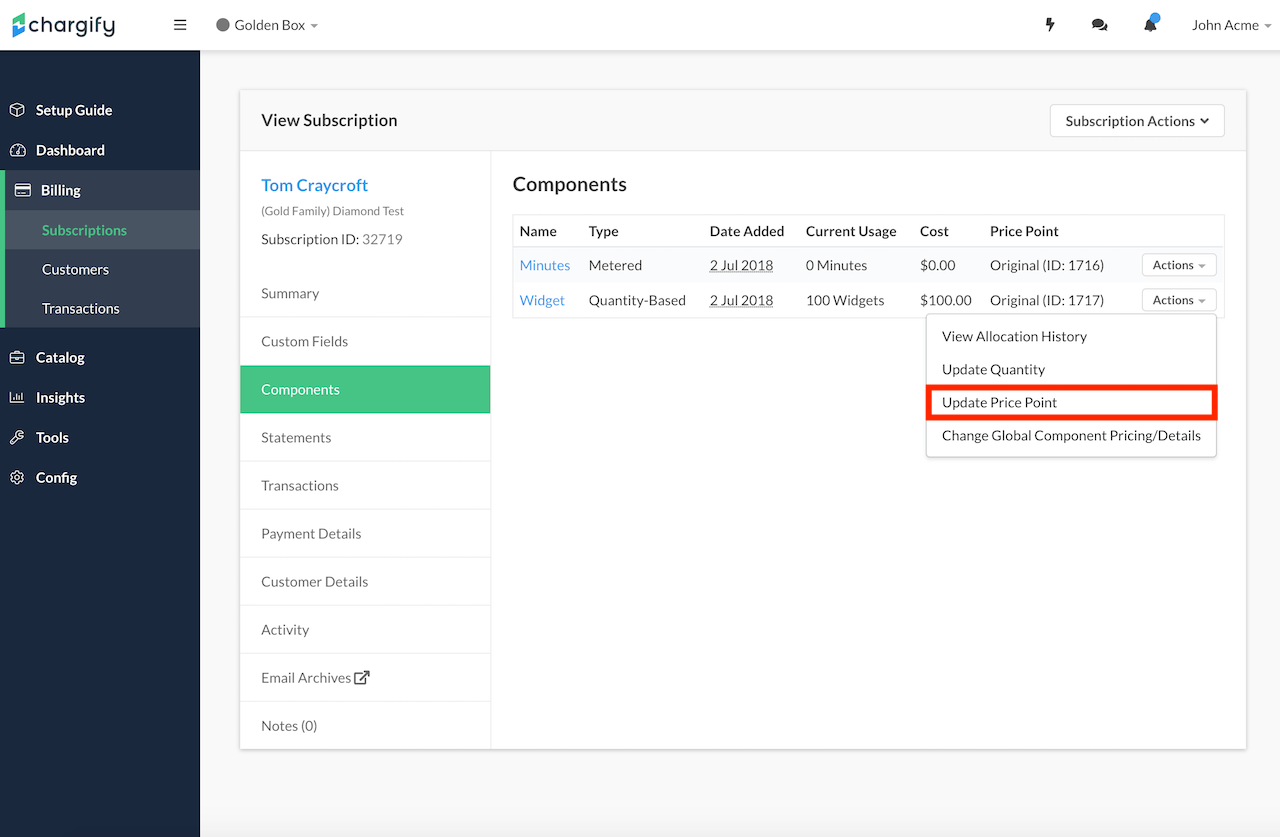 Subscription Products list with a row menu open on Update Price Point