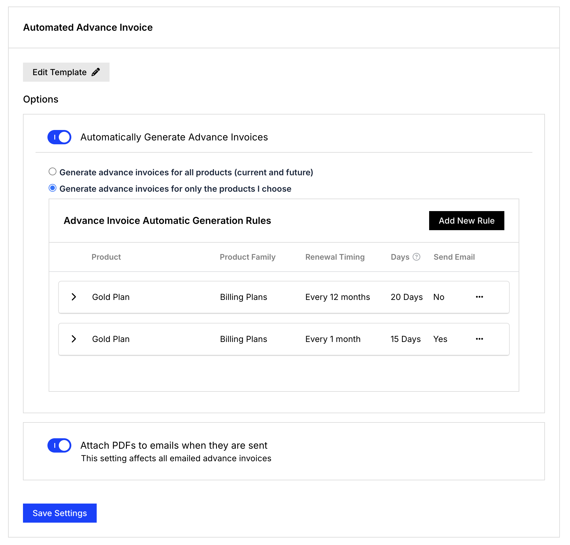 Automated Advance Invoice settings with generation enabled and options covering all products or only chosen ones