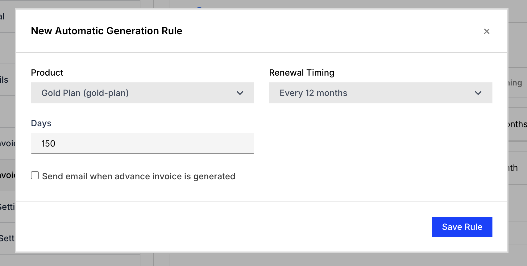 New automatic generation rule with product and renewal timing selectors, a days field and an email notification option