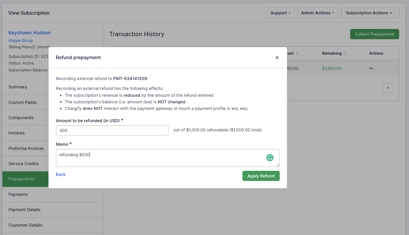 Refund prepayment form explaining how refunding to a payment profile behaves, with an amount field and an apply control