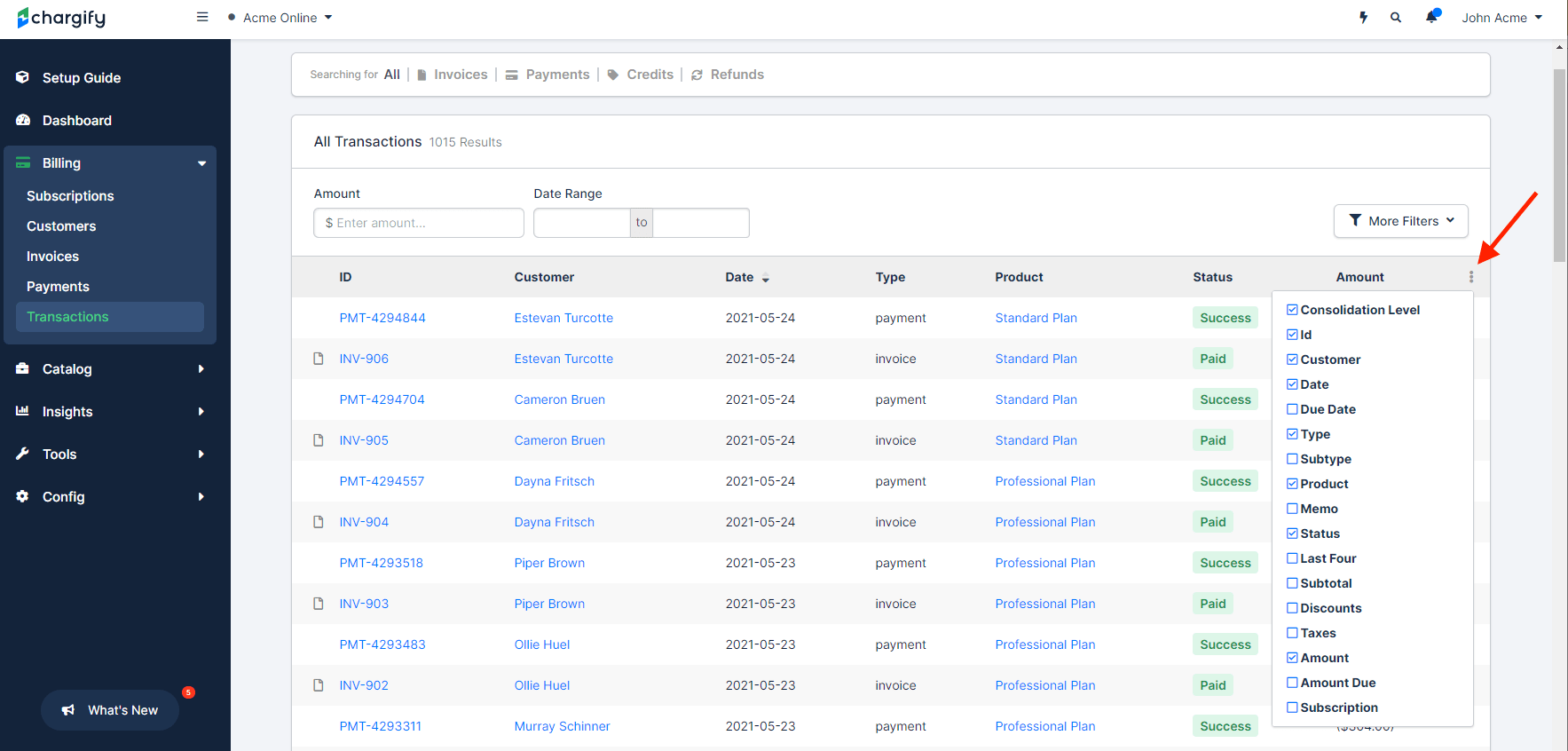 Column selector for the transactions table