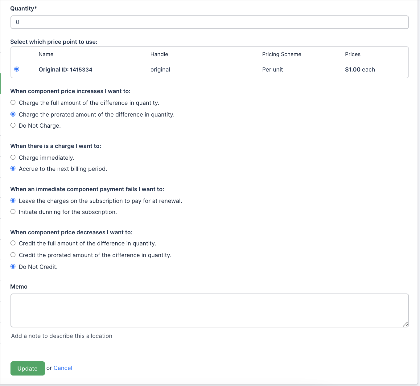 Component allocation form with the quantity, the price point, and the proration choices for a price increase, a charge, a failed payment and a price decrease