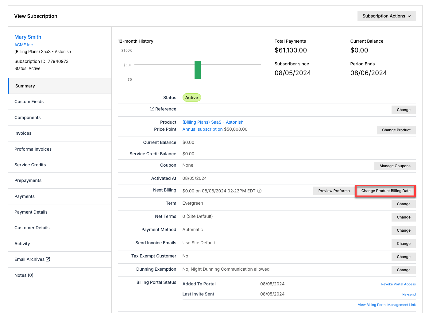 Subscription detail view showing billing date options