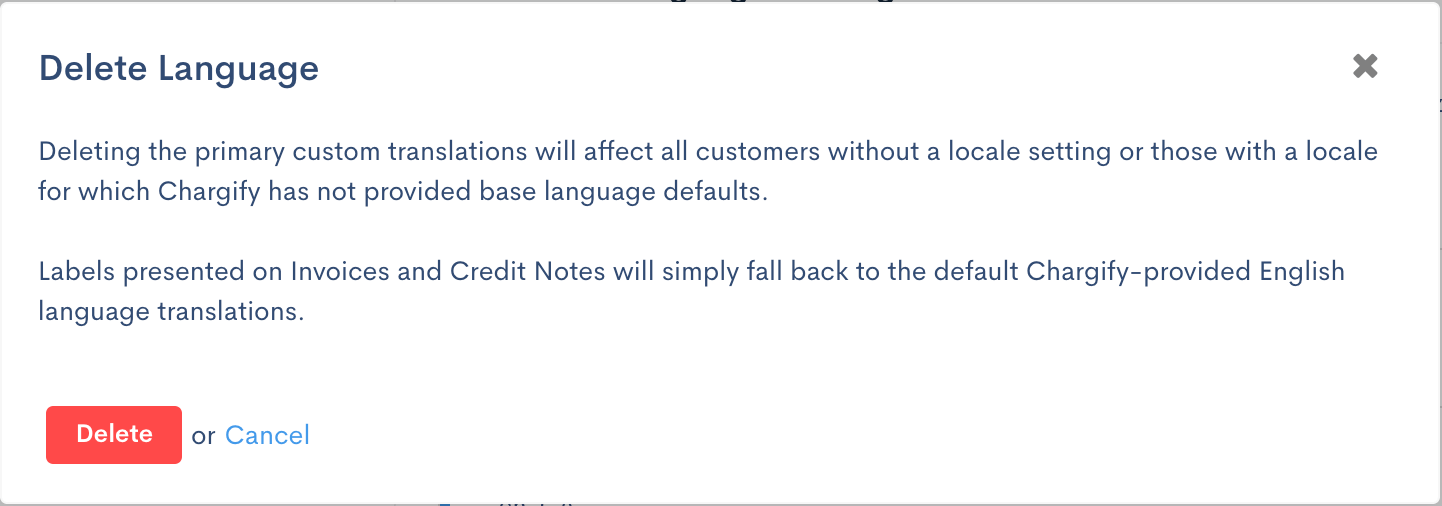 Delete Language dialog warning that deleting the primary language affects every customer without a locale set, and labels fall back to default English